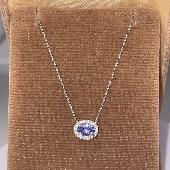 Solid 10K White Gold Natural Tanzanite Gem Faux Diamond Halo Necklace (not 14K) - Picture 5 of 13